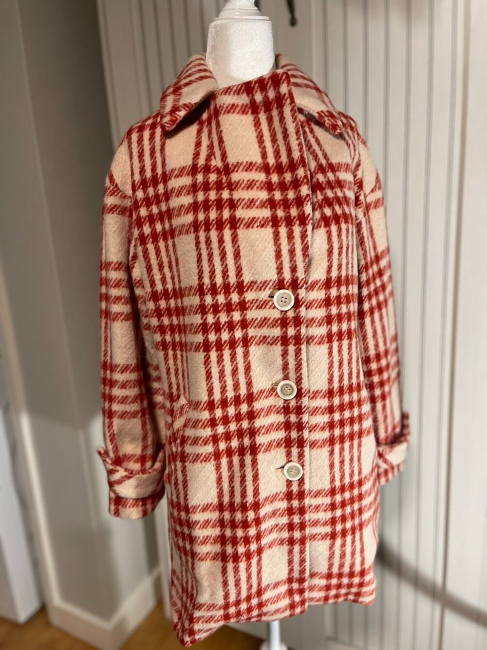 Monsolaire Red Plaid Wool 80% Blend Coat – Korean Size 66 Medium Double Breasted - Picture 9 of 11